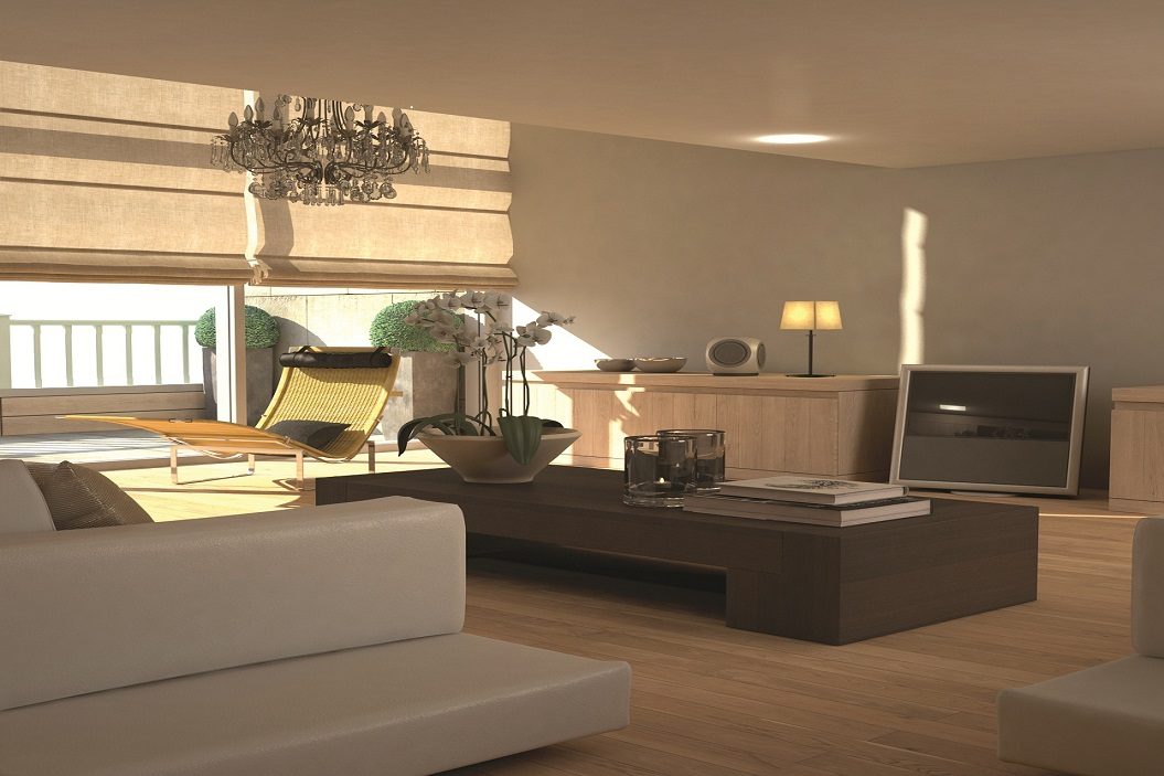 Soft-edged modern interior with wood colours and contemporary furniture.